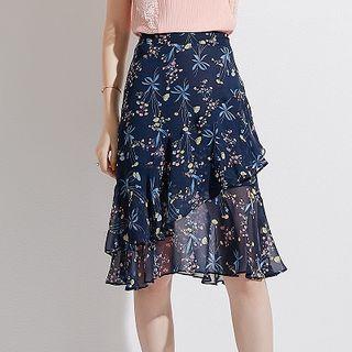Floral Ruffle Trim Chiffon Midi A-line Skirt