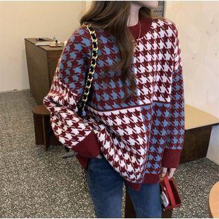Two-tone Houndstooth Knit Sweater