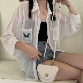 3/4 Sleeve Butterfly Embroidered Shirt As Shown In Figure - One Size