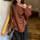 Long-sleeve Off-shoulder Striped Loose-fit Top Coffee - One Size