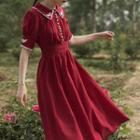 Collared Short-sleeve Midi A-line Chiffon Dress