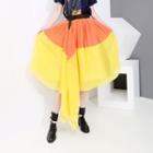 Elastic Waist Color-block Pleated Midi Skirt