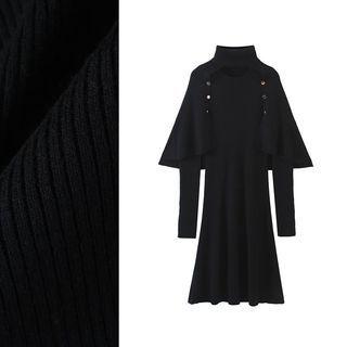 Button Detail Tank Dress + Mock Neck Capelet Jacket + Mittens Black - One Size