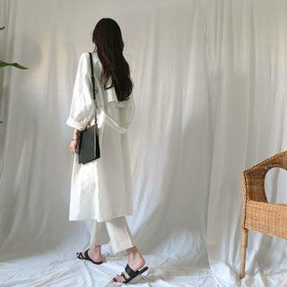 Flap-front Linen Blend Trench Coat With Sash