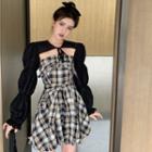 Lantern-sleeve Crop Top / Plaid Strapless Playsuit