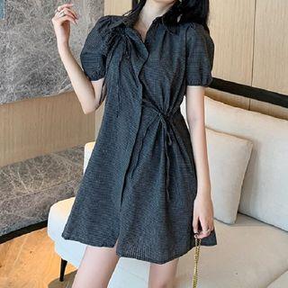 Short-sleeve Plaid Drawstring Mini Shirt Dress