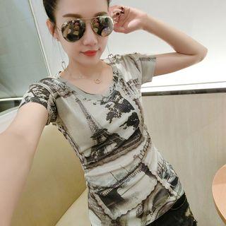 Short-sleeve Eiffel Tower Printed T-shirt