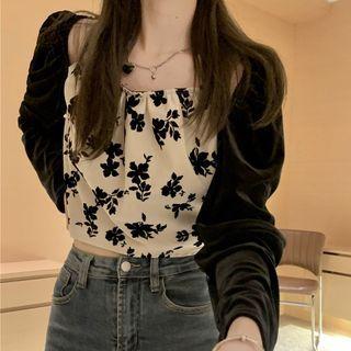 Mock Two-piece Floral Print Panel Blouse Black Floral - Beige - One Size