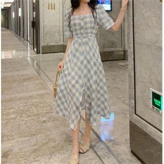 Short Sleeve Square Neck Check A-line Dress
