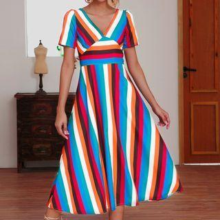 Short-sleeve Color Block Striped Midi A-line Dress