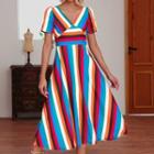 Short-sleeve Color Block Striped Midi A-line Dress