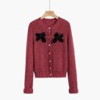 Round Neck Bow Cardigan Red - One Size