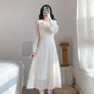 Long-sleeve Fringe Midi A-line Chiffon Dress