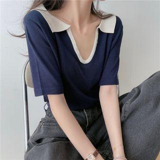 Lapel Contrast Trim Short-sleeve Top