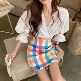 Lace Trim Elbow-sleeve Cropped Blouse / Plaid Mini A-line Skirt
