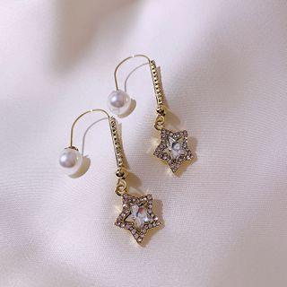 Faux Pearl Rhinestone Star Dangle Earring 1 Pair - Gold & White - One Size