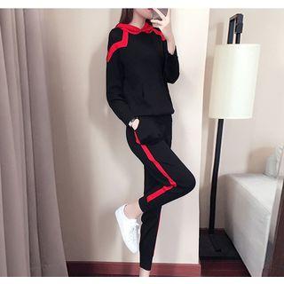 Set: Contrast Trim Hooded Sweater + Contrast Trim Pants