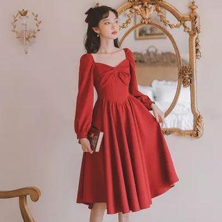 Plain Bow Midi A-line Dress