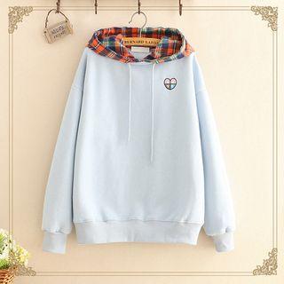 Heart Embroidered Check Hood Sweatshirt