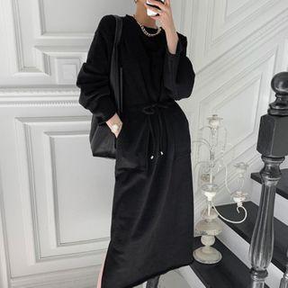 Long-sleeve Drawstring-waist Slit-hem Midi A-line Dress