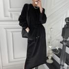 Long-sleeve Drawstring-waist Slit-hem Midi A-line Dress