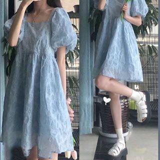Puff-sleeve Textured Smock Dress