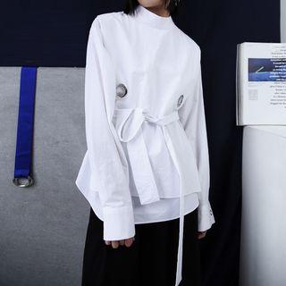 Patchwork Tie-accent Mock-neck Top