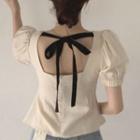 Square-neck Tie-back Short-sleeve Blouse Off-white - One Size