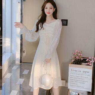 Long-sleeve Square-neck Drawstring Embroidered Chiffon Dress