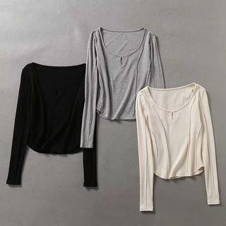 Long Sleeve Plain Cut-out Crop T-shirt