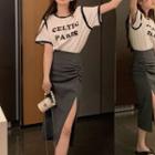 Short-sleeve Lettering T-shirt / Shirred Slit Pencil Skirt