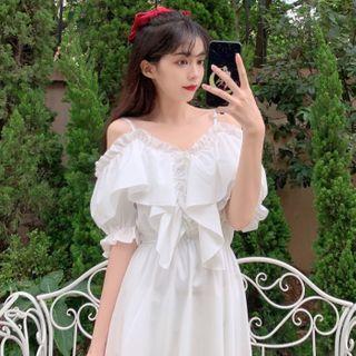 Ruffled Off-shoulder Gathered-waist Dress