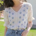 Short-sleeve Floral Crochet Panel Blouse White - One Size