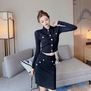 Set: Crew-neck Cardigan + High-waist Pencil Skirt Black - One Size