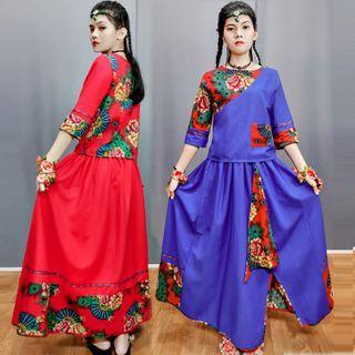 Set: 3/4-sleeve Floral Top + Skirt