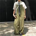 Buttoned Wide Leg Suspender Pants