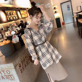 Set: Plaid Long Shirt + Spaghetti Strap Midi Dress