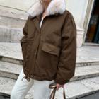 Faux-fur Collar Boxy Jacket Brown - One Size
