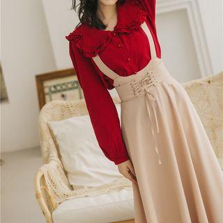Set: Ruffle Trim Blouse + Suspender Midi Dress