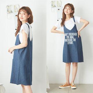 Spaghetti-strap Lettering Denim Dress