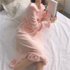 Ruffle-hem Flannel Long-sleeve Sleep Dress Pink - One Size
