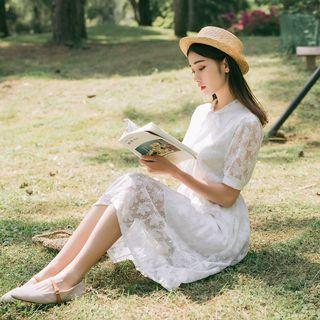 Bow Accent Short-sleeve Lace A-line Dress