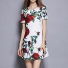 Rose Print Short-sleeve A-line Dress