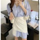 Elbow-sleeve Striped Mini A-line Shirt Dress / Skirt