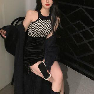 Sleeveless Check Halter Top / Velvet Mini Skirt / Plain Loose-fit Cardigan