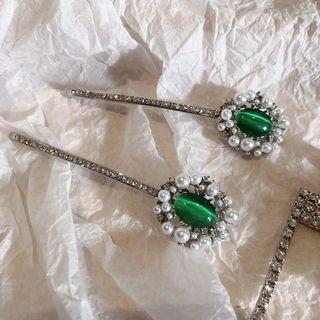 Retro Faux Pearl Rhinestone Gemstone Hair Clip 1 Pc - Silver & Green - One Size