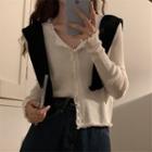 Long-sleeve Buttoned Frill Trim Knit Top