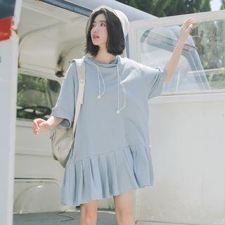 Ruffle Hem Elbow Sleeve Hoodie Dress