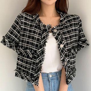 Short-sleeve Fray Hem Single-breasted Tweed Jacket