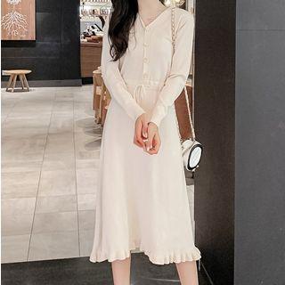 Long-sleeve Buttoned A-line Midi Knit Dress